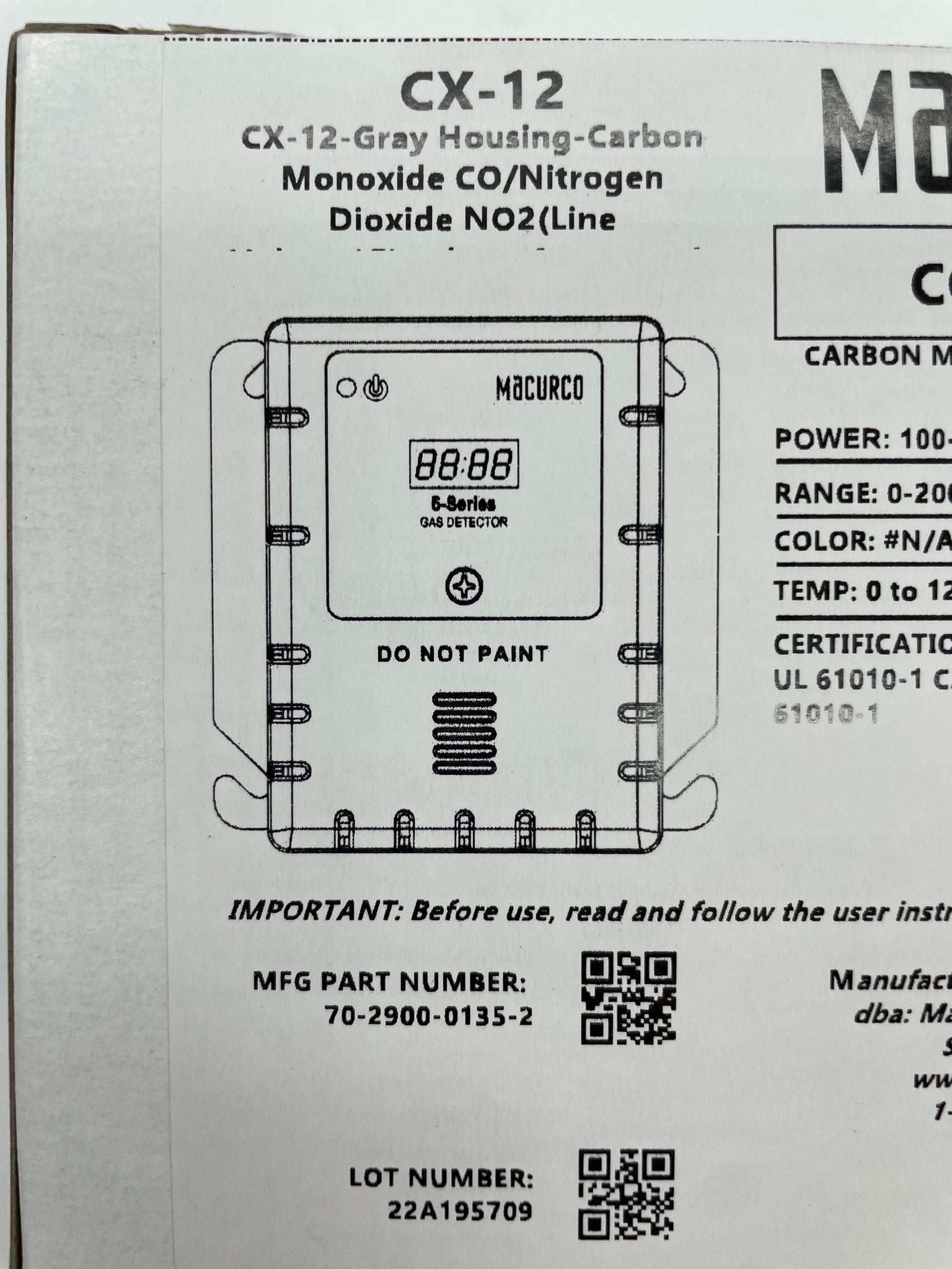 Macurco CX-12 Nitrogen Dioxide Gas Detector - The Fire Alarm Supplier