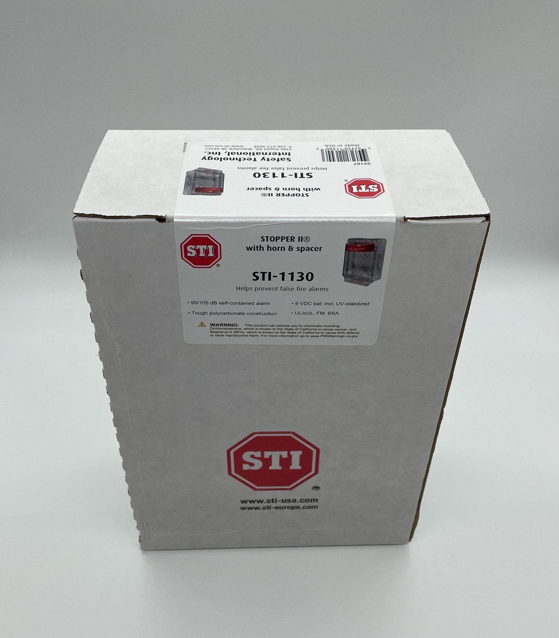 STI-1130 Stopper II with Horn and Clear Spacer, Fire Label - The Fire Alarm Supplier