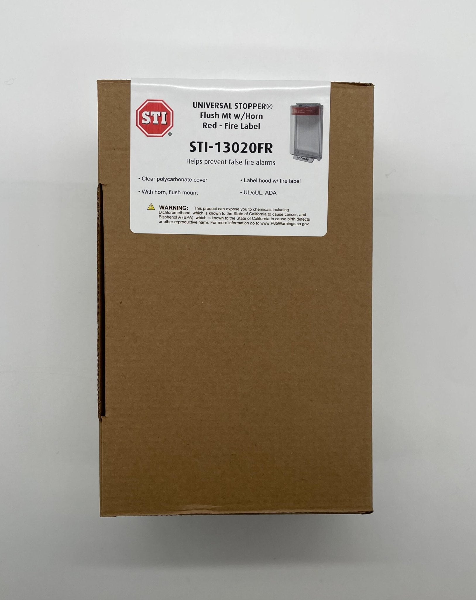 STI-13020FR Safety Technology Universal Stopper w/Horn, Flush Mount, Fire Label - The Fire Alarm Supplier