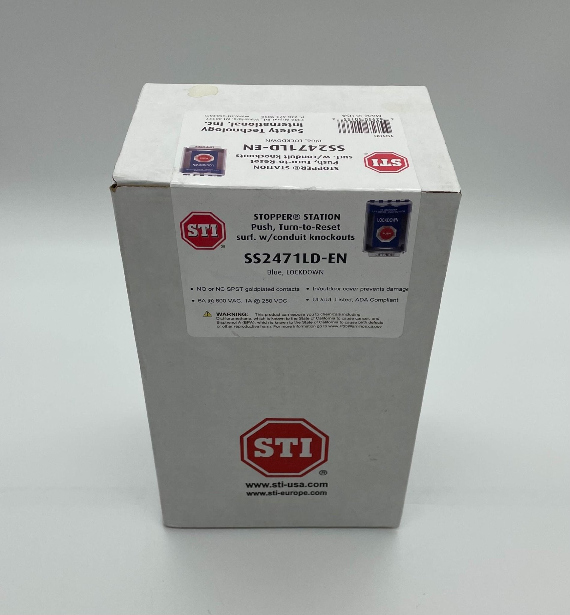 STI SS2471LD-EN Blue Indoor / Outdoor Surface Turn-to-Reset Stopper Station with LOCKDOWN - The Fire Alarm Supplier